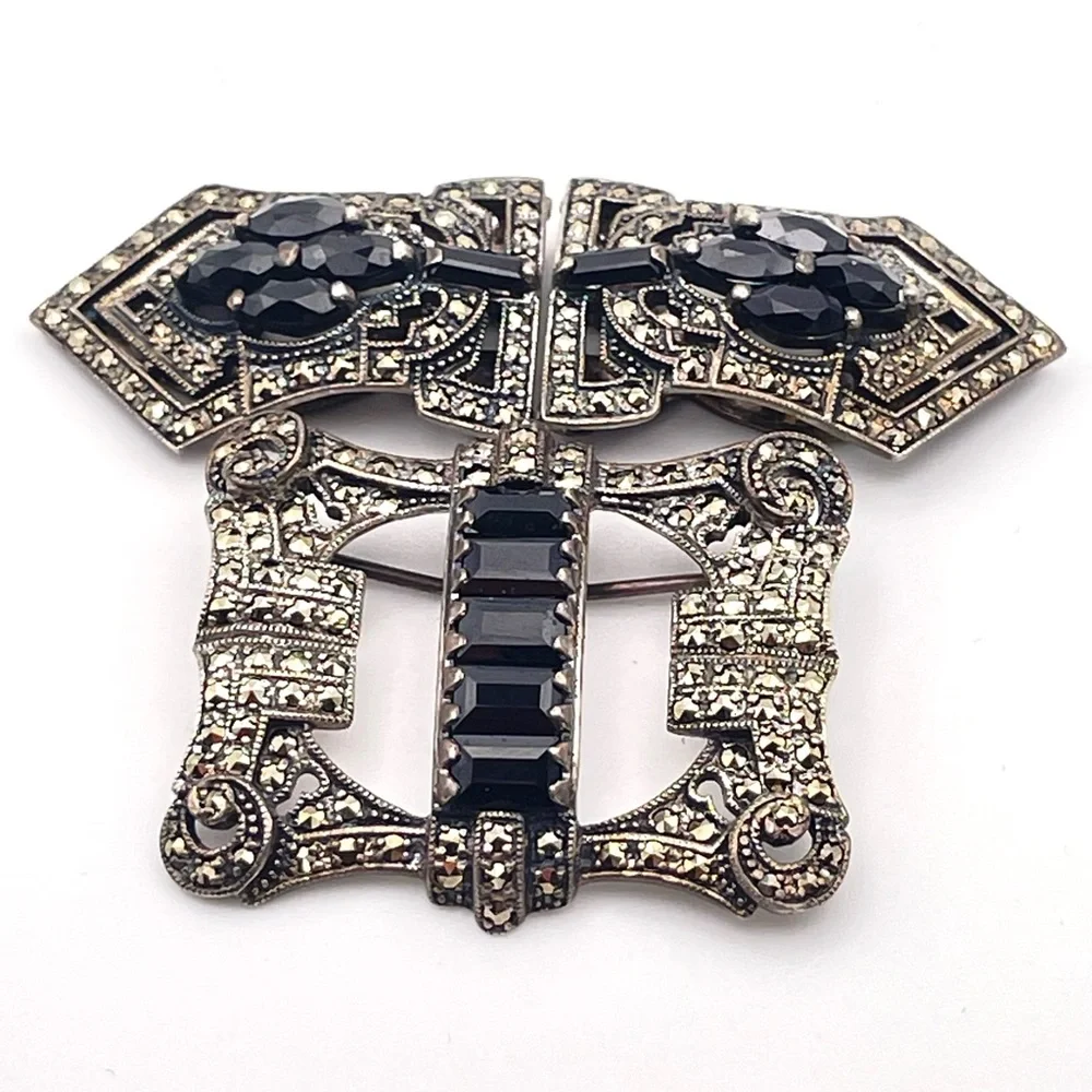 Vintage Art Deco Convertible Sterling Brooch Duette Dress Clip Set Black Crystal